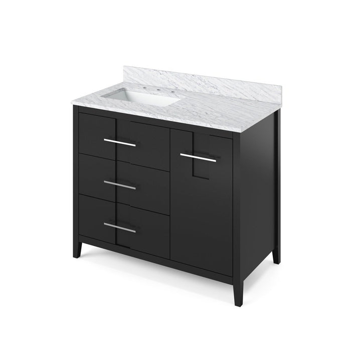 Jeffrey Alexander 42" Black Katara Vanity, left offset, White Carrara Marble Vanity Top, undermount rectangle bowl