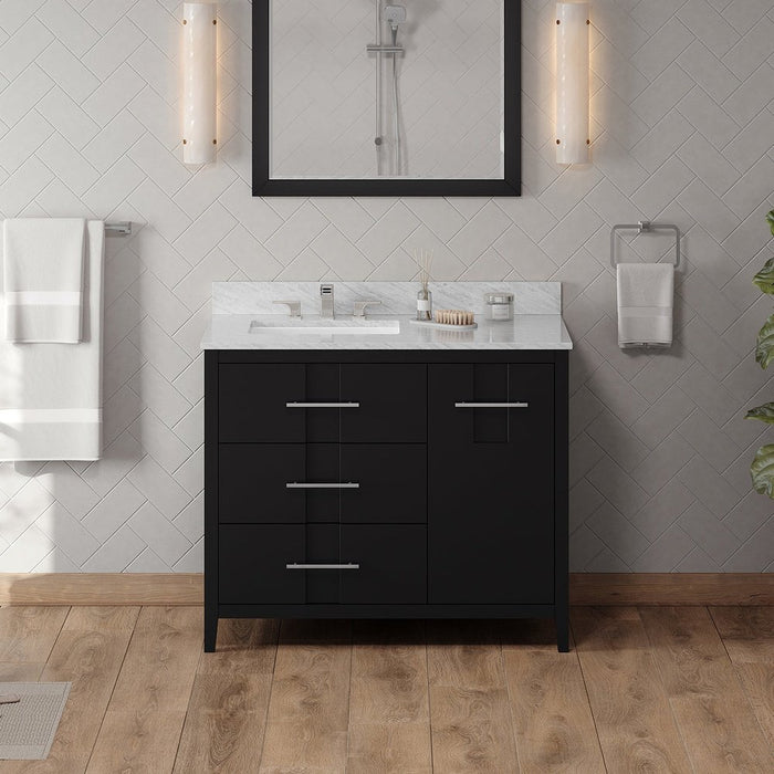 Jeffrey Alexander 42" Black Katara Vanity, left offset, White Carrara Marble Vanity Top, undermount rectangle bowl