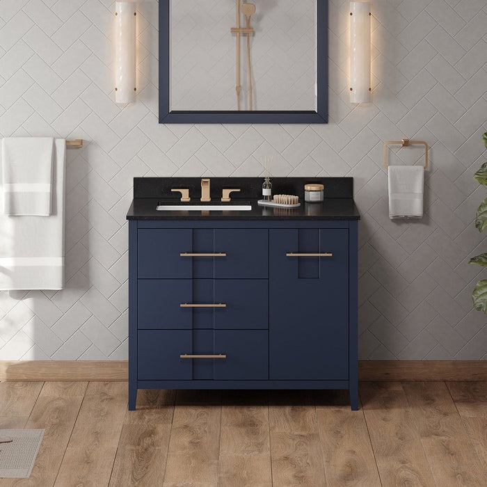 Jeffrey Alexander 42" Hale Blue Katara Vanity, left offset, Black Granite Vanity Top, undermount rectangle bowl