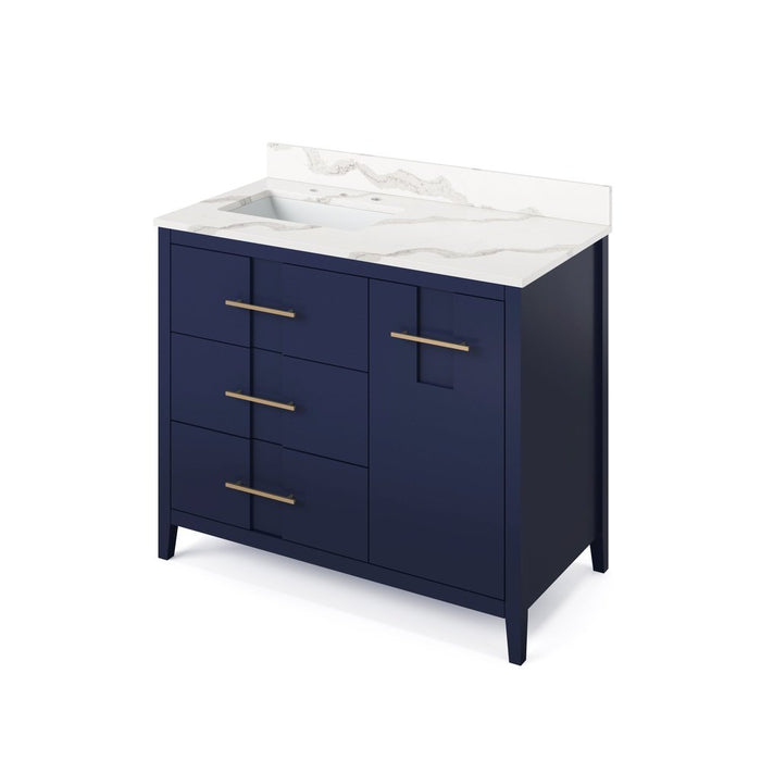 Jeffrey Alexander 42" Hale Blue Katara Vanity, left offset, Calacatta Vienna Quartz Vanity Top, undermount rectangle bowl