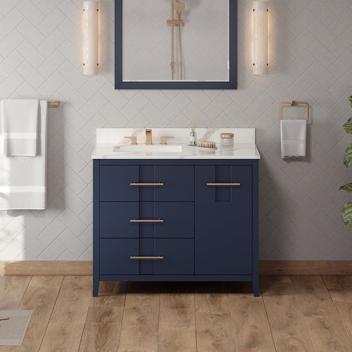 Jeffrey Alexander 42" Hale Blue Katara Vanity, left offset, Calacatta Vienna Quartz Vanity Top, undermount rectangle bowl