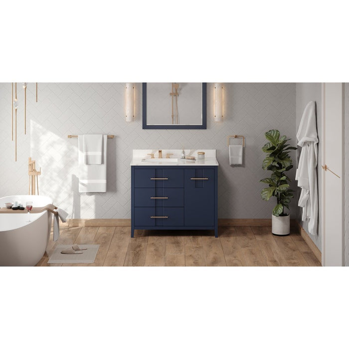 Jeffrey Alexander 42" Hale Blue Katara Vanity, left offset, Calacatta Vienna Quartz Vanity Top, undermount rectangle bowl