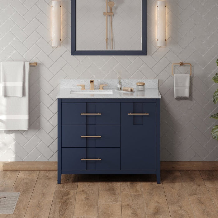 Jeffrey Alexander 42" Hale Blue Katara Vanity, left offset, White Carrara Marble Vanity Top, undermount rectangle bowl