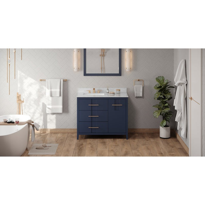 Jeffrey Alexander 42" Hale Blue Katara Vanity, left offset, White Carrara Marble Vanity Top, undermount rectangle bowl