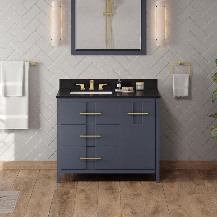 Jeffrey Alexander 42" Blue Steel Katara Vanity, left offset, Black Granite Vanity Top, undermount rectangle bowl