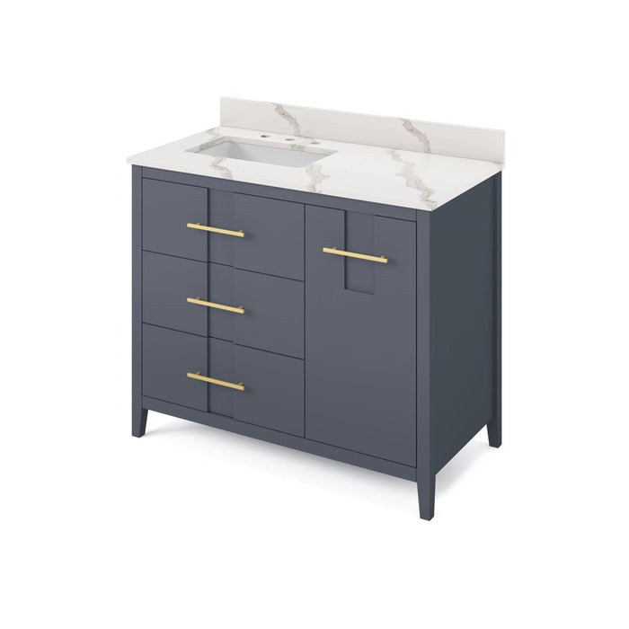 Jeffrey Alexander 42" Blue Steel Katara Vanity, left offset, Calacatta Vienna Quartz Vanity Top, undermount rectangle bowl