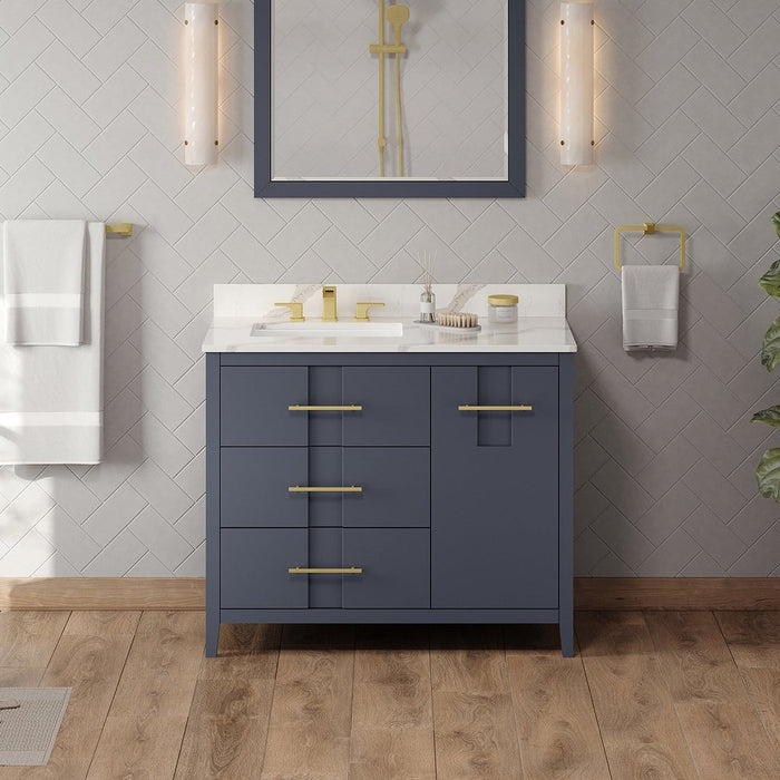 Jeffrey Alexander 42" Blue Steel Katara Vanity, left offset, Calacatta Vienna Quartz Vanity Top, undermount rectangle bowl