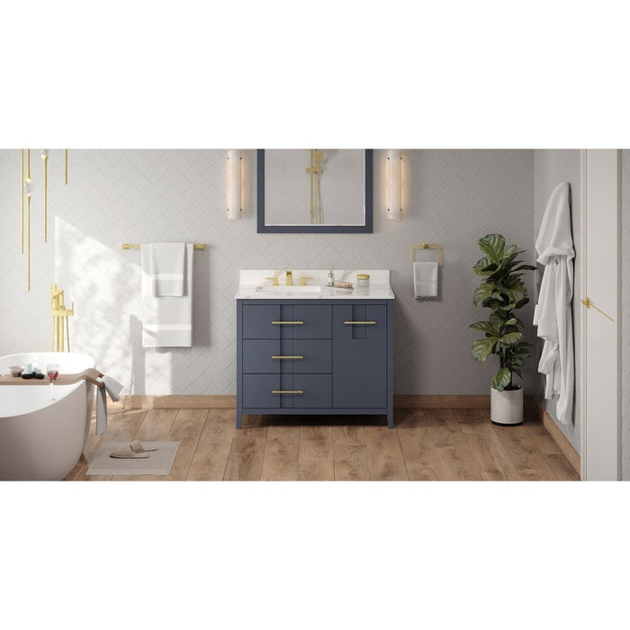 Jeffrey Alexander 42" Blue Steel Katara Vanity, left offset, Calacatta Vienna Quartz Vanity Top, undermount rectangle bowl