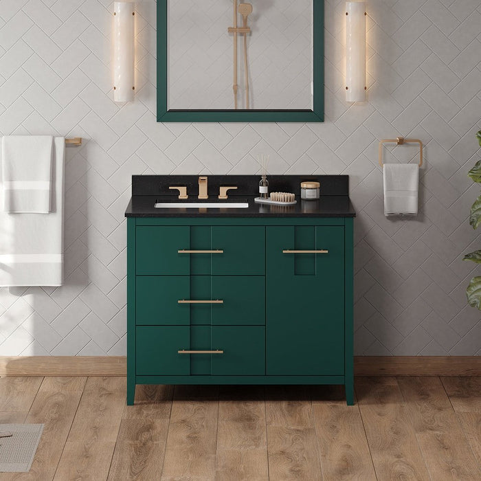 Jeffrey Alexander 42" Forest Green Katara Vanity, left offset, Black Granite Vanity Top, undermount rectangle bowl