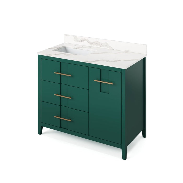 Jeffrey Alexander 42" Forest Green Katara Vanity, left offset, Calacatta Vienna Quartz Vanity Top, undermount rectangle bowl