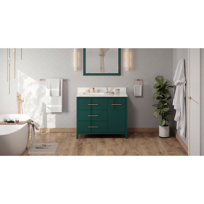 Jeffrey Alexander 42" Forest Green Katara Vanity, left offset, Calacatta Vienna Quartz Vanity Top, undermount rectangle bowl