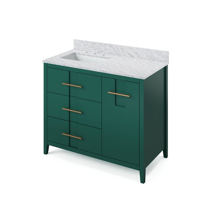 Jeffrey Alexander 42" Forest Green Katara Vanity, left offset, White Carrara Marble Vanity Top, undermount rectangle bowl