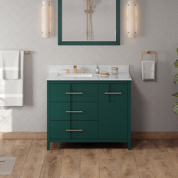 Jeffrey Alexander 42" Forest Green Katara Vanity, left offset, White Carrara Marble Vanity Top, undermount rectangle bowl