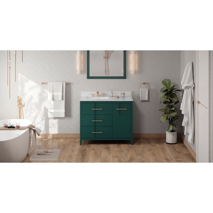 Jeffrey Alexander 42" Forest Green Katara Vanity, left offset, White Carrara Marble Vanity Top, undermount rectangle bowl