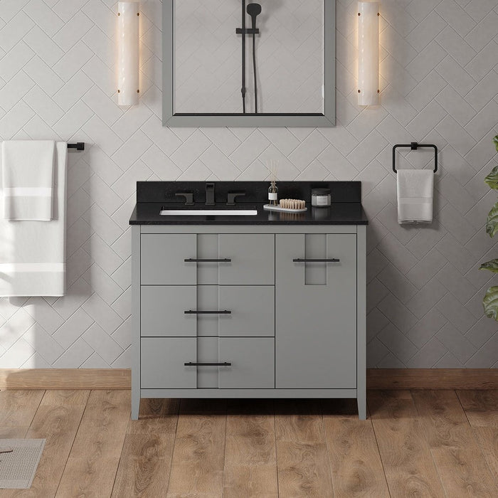 Jeffrey Alexander 42" Grey Katara Vanity, left offset, Black Granite Vanity Top, undermount rectangle bowl