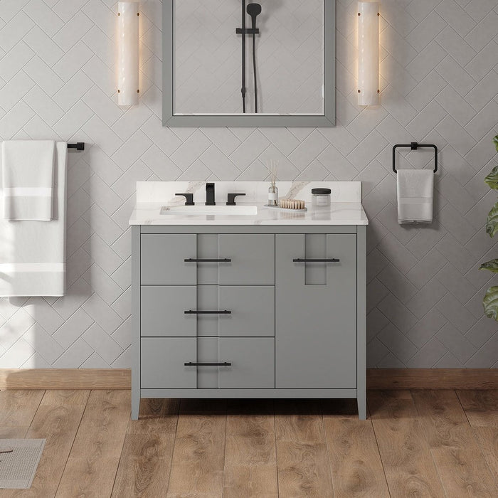 Jeffrey Alexander 42" Grey Katara Vanity, left offset, Calacatta Vienna Quartz Vanity Top, undermount rectangle bowl