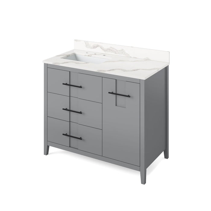 Jeffrey Alexander 42" Grey Katara Vanity, left offset, White Carrara Marble Vanity Top, undermount rectangle bowl