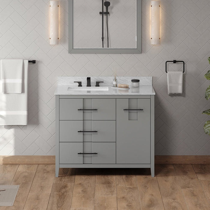 Jeffrey Alexander 42" Grey Katara Vanity, left offset, White Carrara Marble Vanity Top, undermount rectangle bowl