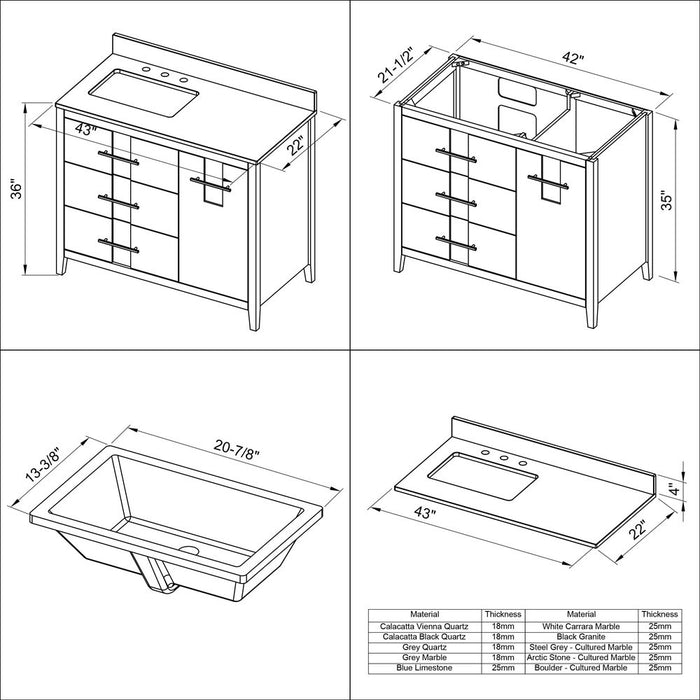 Jeffrey Alexander 42" Black Katara Vanity, left offset, White Carrara Marble Vanity Top, undermount rectangle bowl