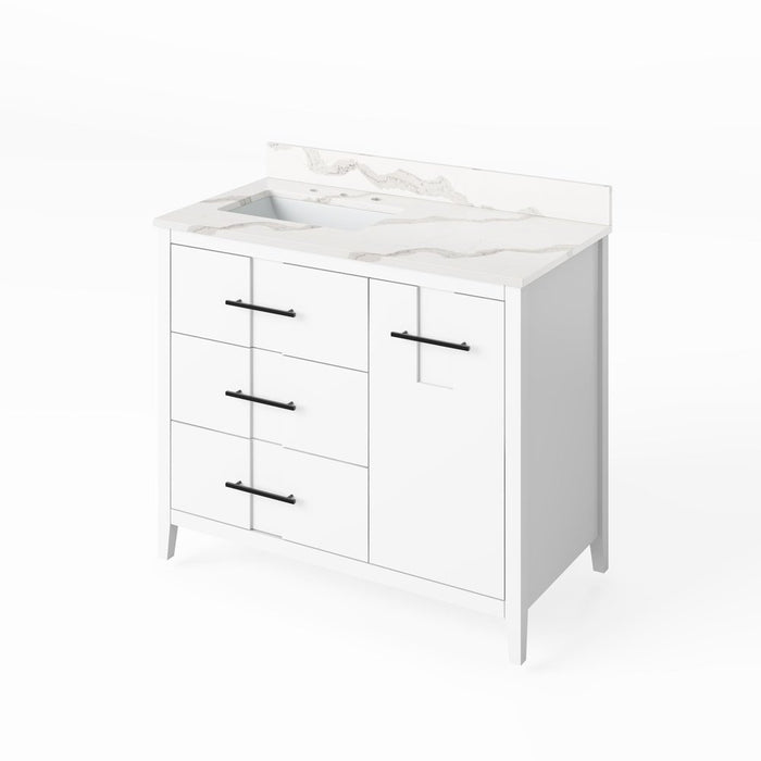 Jeffrey Alexander 42" White Katara Vanity, left offset, Calacatta Vienna Quartz Vanity Top, undermount rectangle bowl