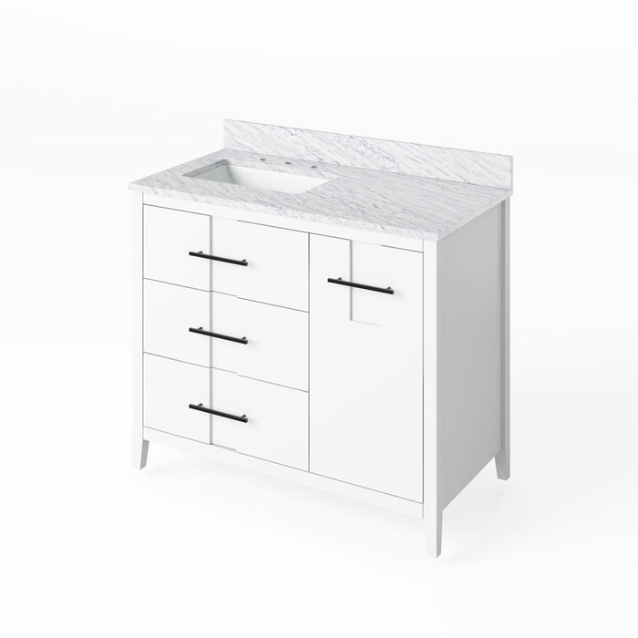 Jeffrey Alexander 42" White Katara Vanity, left offset, White Carrara Marble Vanity Top, undermount rectangle bowl