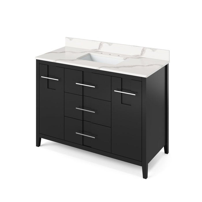 Jeffrey Alexander 48" Black Katara Vanity, Calacatta Vienna Quartz Vanity Top, undermount rectangle bowl