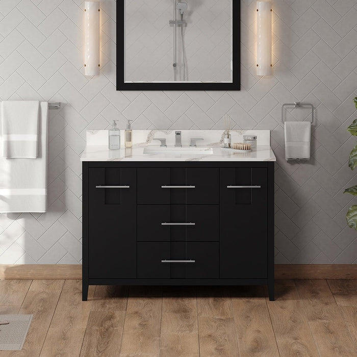 Jeffrey Alexander 48" Black Katara Vanity, Calacatta Vienna Quartz Vanity Top, undermount rectangle bowl