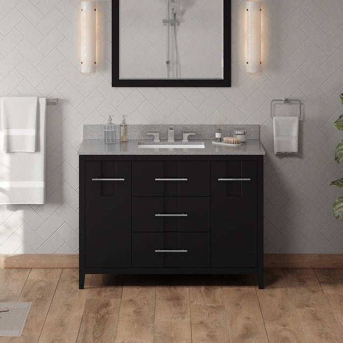 Jeffrey Alexander 48" Black Katara Vanity, Steel Grey Cultured Marble Vanity Top, undermount rectangle bowl