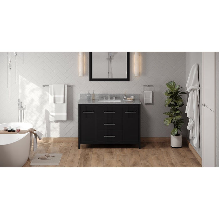 Jeffrey Alexander 48" Black Katara Vanity, Steel Grey Cultured Marble Vanity Top, undermount rectangle bowl