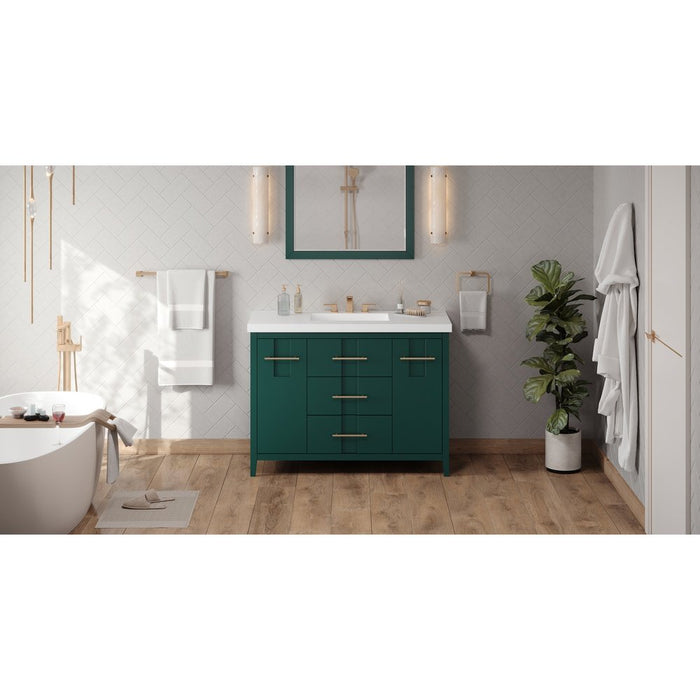 Jeffrey Alexander 48" Forest Green Katara Vanity, Lavante Cultured Marble Vessel Vanity Top, integrated rectangle bowl