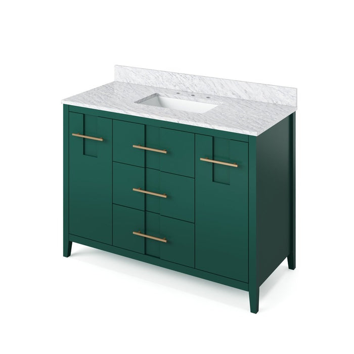 Jeffrey Alexander 48" Forest Green Katara Vanity, White Carrara Marble Vanity Top, undermount rectangle bowl