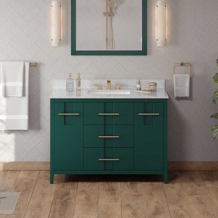 Jeffrey Alexander 48" Forest Green Katara Vanity, White Carrara Marble Vanity Top, undermount rectangle bowl