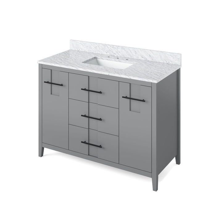 Jeffrey Alexander 48" Grey Katara Vanity, White Carrara Marble Vanity Top, undermount rectangle bowl