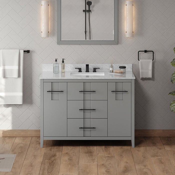 Jeffrey Alexander 48" Grey Katara Vanity, White Carrara Marble Vanity Top, undermount rectangle bowl