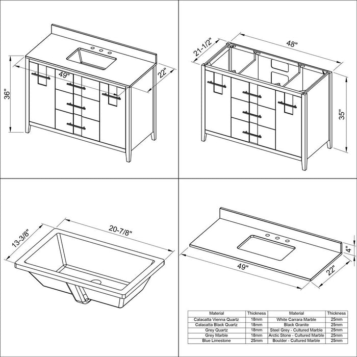 Jeffrey Alexander 48" Grey Katara Vanity, White Carrara Marble Vanity Top, undermount rectangle bowl