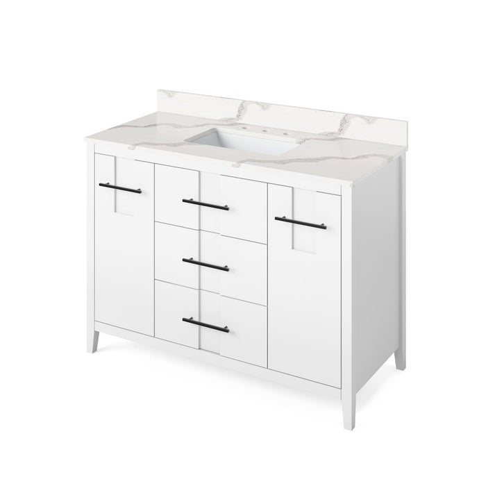 Jeffrey Alexander 48" White Katara Vanity, Calacatta Vienna Quartz Vanity Top, undermount rectangle bowl