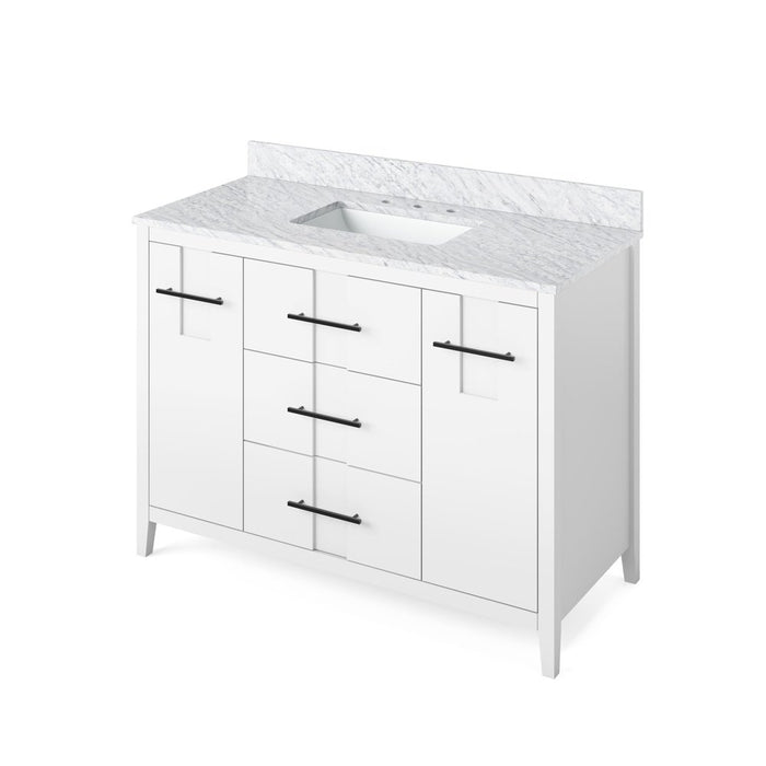 Jeffrey Alexander 48" White Katara Vanity, White Carrara Marble Vanity Top, undermount rectangle bowl