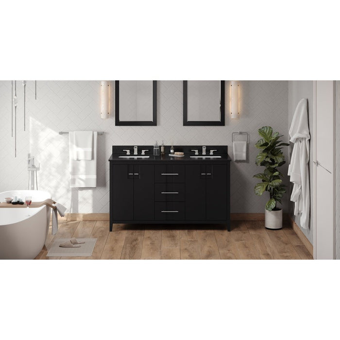 Jeffrey Alexander 60" Black Katara Vanity, double bowl, Black Granite Vanity Top, two undermount rectangle bowls