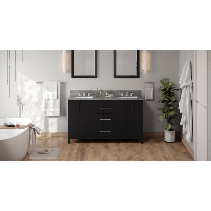 Jeffrey Alexander 60" Black Katara Vanity, double bowl, Boulder Cultured Marble Vanity Top, two undermount rectangle bowls