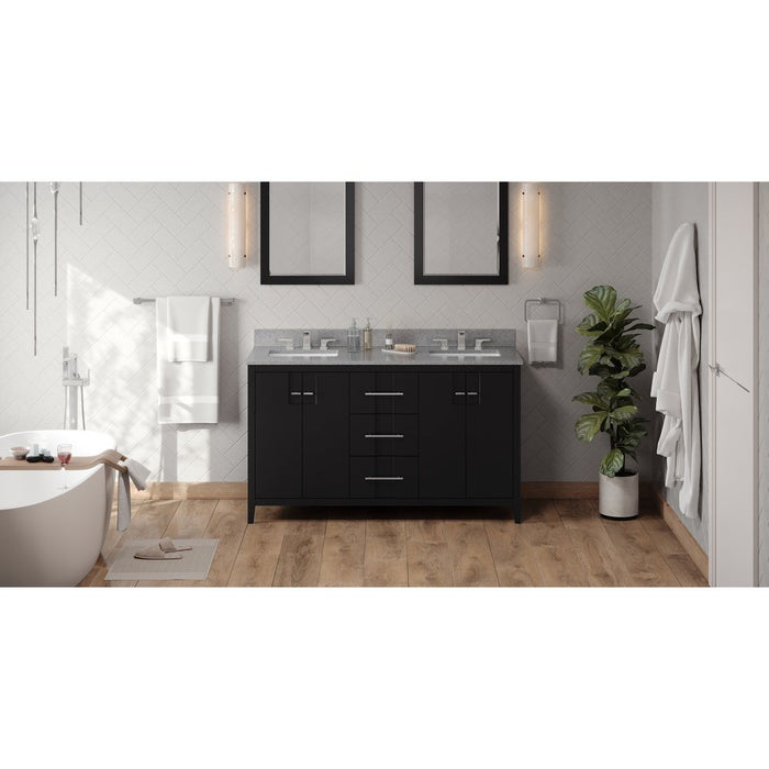 Jeffrey Alexander 60" Black Katara Vanity, double bowl, Steel Grey Cultured Marble Vanity Top, two undermount rectangle bowls