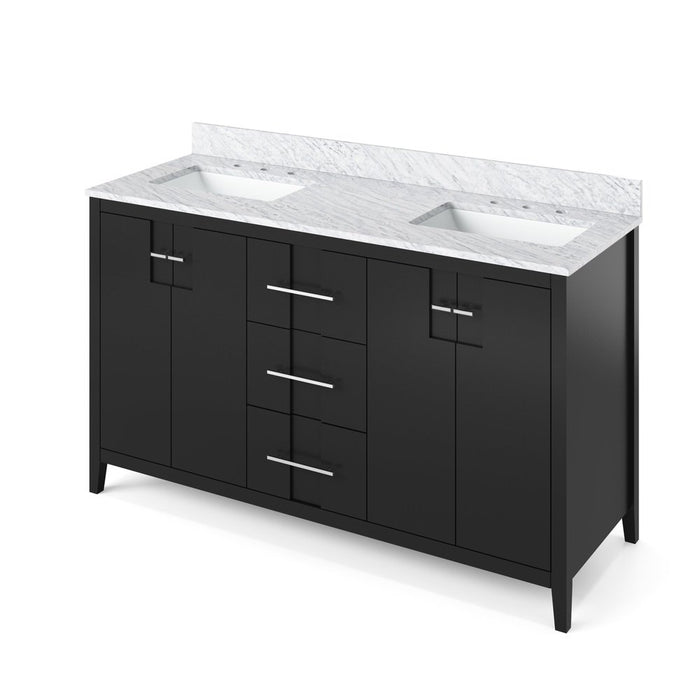 Jeffrey Alexander 60" Black Katara Vanity, double bowl, White Carrara Marble Vanity Top, two undermount rectangle bowls