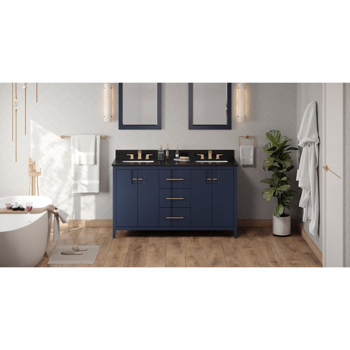 Jeffrey Alexander 60" Hale Blue Katara Vanity, double bowl, Black Granite Vanity Top, two undermount rectangle bowls