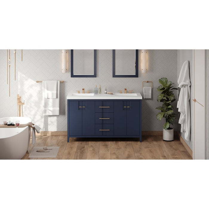 Jeffrey Alexander 60" Hale Blue Katara Vanity, double bowl, Lavante Cultured Marble Vessel Vanity Top, double integrated rectangle bowls