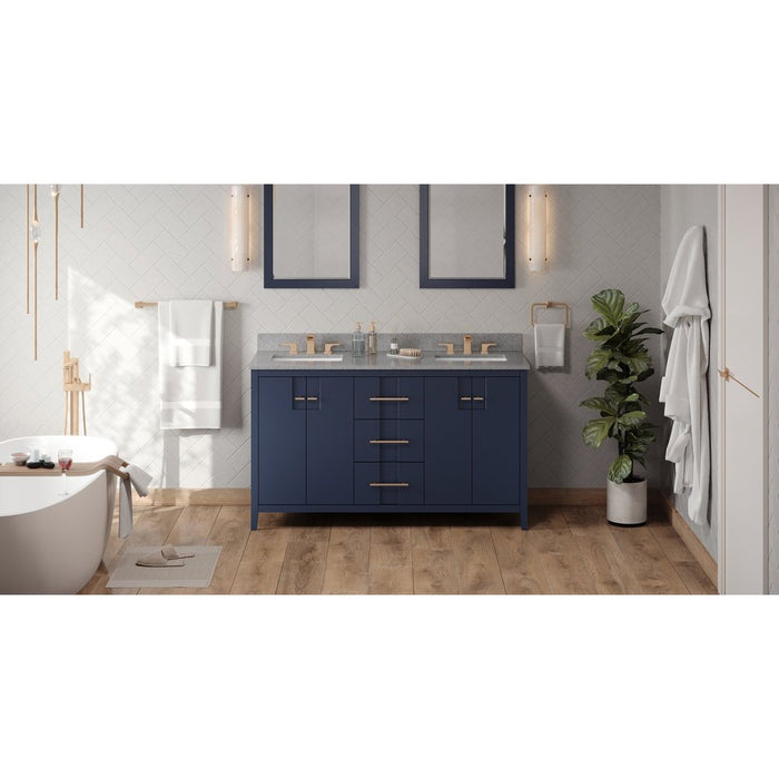 Jeffrey Alexander 60" Hale Blue Katara Vanity, double bowl, Steel Grey Cultured Marble Vanity Top, two undermount rectangle bowls