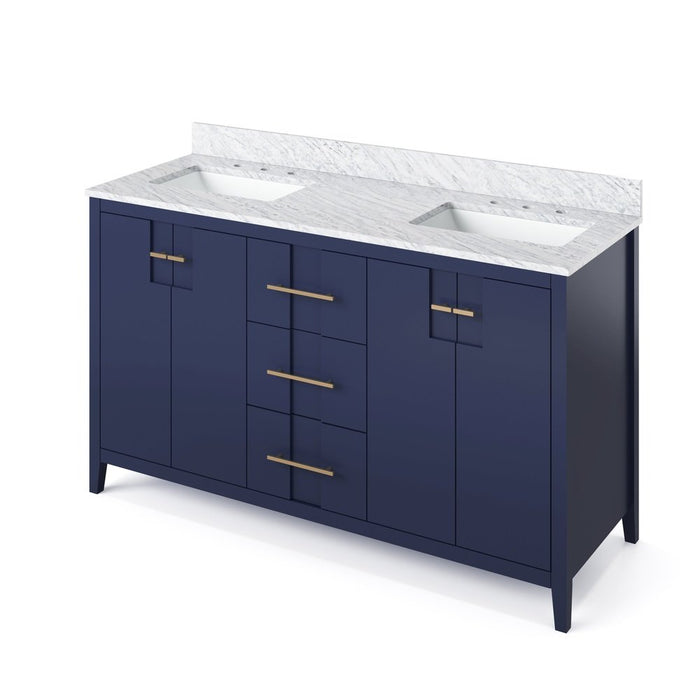 Jeffrey Alexander 60" Hale Blue Katara Vanity, double bowl, White Carrara Marble Vanity Top, two undermount rectangle bowls