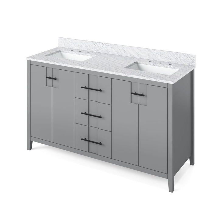 Jeffrey Alexander 60" Grey Katara Vanity, double bowl, White Carrara Marble Vanity Top, two undermount rectangle bowls