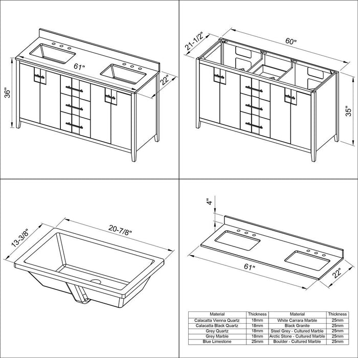 Jeffrey Alexander 60" White Katara Vanity, double bowl, Black Granite Vanity Top, two undermount rectangle bowls