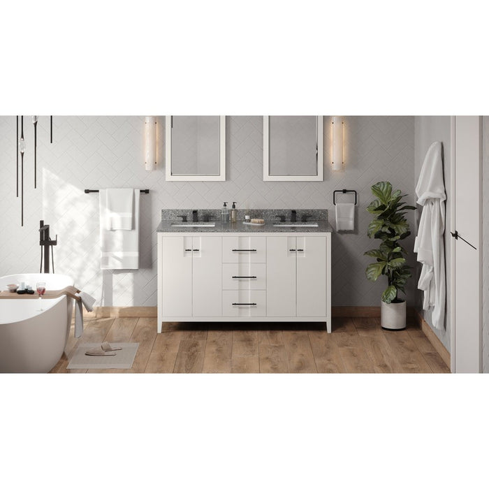 Jeffrey Alexander 60" White Katara Vanity, double bowl, Boulder Cultured Marble Vanity Top, two undermount rectangle bowls