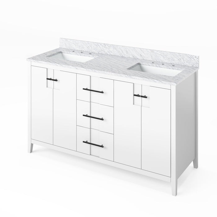 Jeffrey Alexander 60" White Katara Vanity, double bowl, White Carrara Marble Vanity Top, two undermount rectangle bowls