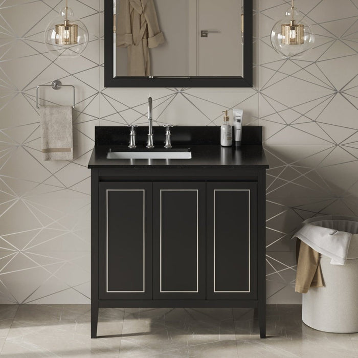 Jeffrey Alexander 36" Black Percival Vanity, left offset, Black Granite Vanity Top, undermount rectangle bowl